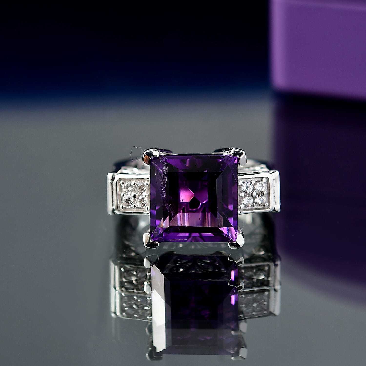 African Amethyst & White Zircon Solitaire Ring in Rhodium Overlay Sterling Silver 5.16 Ct.
